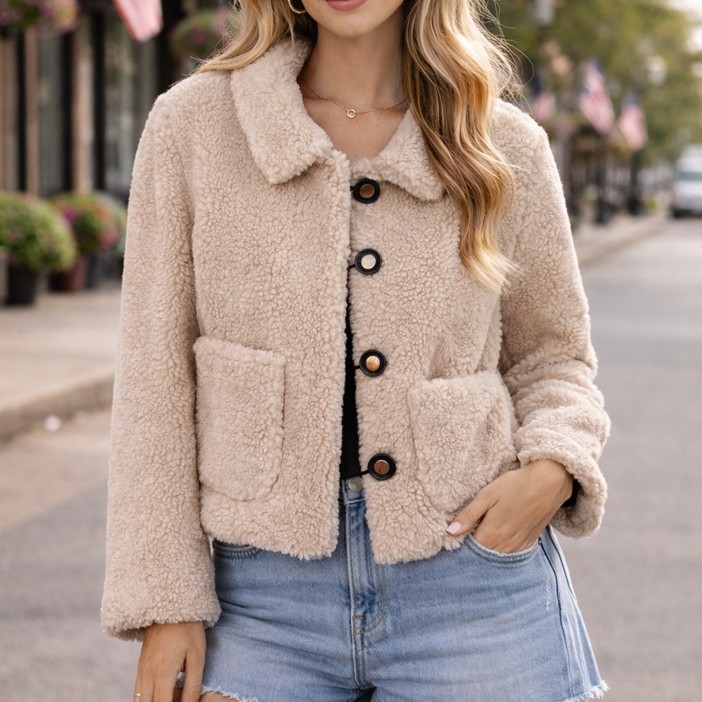 Teddy Sherpa Button-Front Jacket in Cream